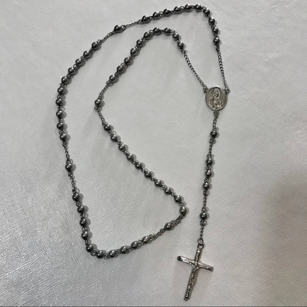 Rosary Beads Necklace Silver Stainless Steel